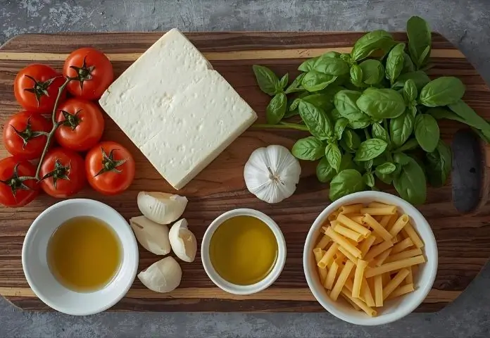 Fresh ingredients including cherry tomatoes, feta cheese, garlic, basil, olive oil, and pasta arranged on wooden board.