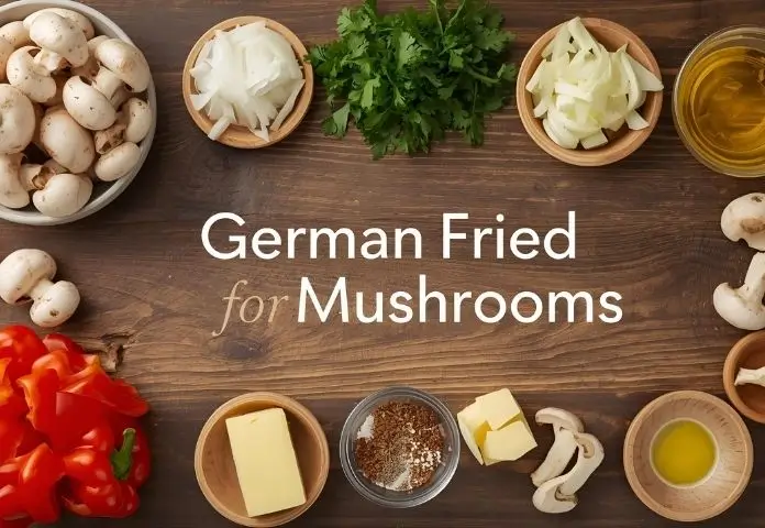 Fresh ingredients for German Fried Mushrooms including button mushrooms, onion, bell pepper, garlic, parsley, butter, and olive oil arranged on a wooden table.