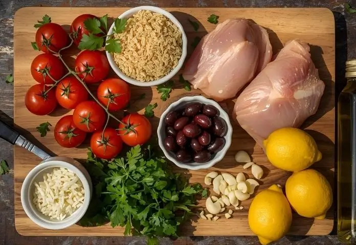 An overhead view of key Mediterranean Chicken Orzo ingredients including raw chicken thighs, uncooked orzo, cherry tomatoes, Kalamata olives, fresh parsley, garlic cloves, lemon halves, and olive oil arranged neatly on a wooden surface.