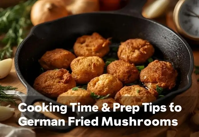 Golden-brown German Fried Mushrooms cooking in a cast iron skillet with fresh herbs and cooking utensils, highlighting cooking time and preparation.