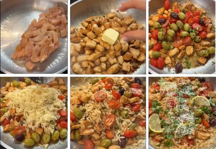 A collage showing the key steps in making Mediterranean Chicken Orzo, including searing chicken thighs in a skillet, sautéing garlic and onions, toasting orzo pasta, simmering ingredients, and the finished plated dish garnished with fresh parsley and lemon slices.