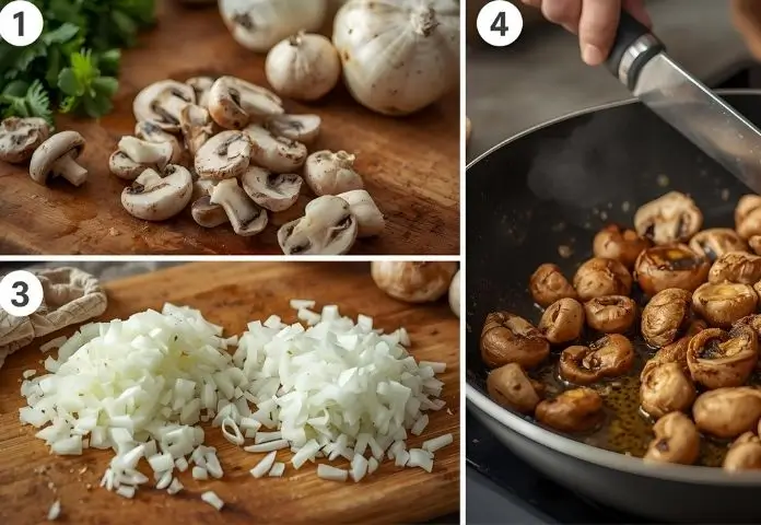 Fresh mushrooms being sliced on a wooden cutting board with diced onions beside, and a skillet with golden sautéed mushrooms cooking on the stove.