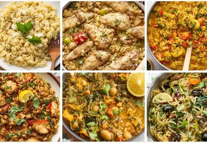 A collage showing different variations of Mediterranean Chicken Orzo, including a creamy feta-topped version, a skillet with colorful vegetables, fresh herb garnishes, and ingredient swaps like spinach and olives arranged on rustic plates.