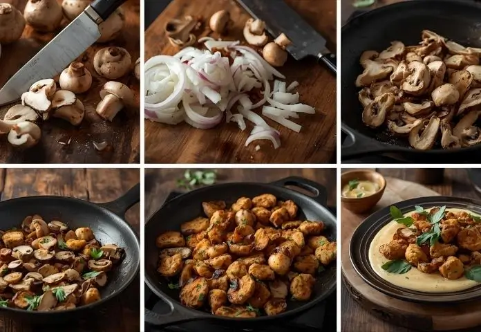 A collage showing fresh mushrooms being sliced, onions chopped, mushrooms cooking in a skillet, and the finished German Fried Mushrooms dish with garlic sauce.