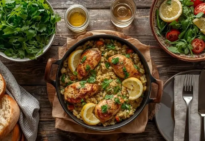 Mediterranean dinner table with a skillet of Mediterranean Chicken Orzo garnished with parsley and lemon slices, a crisp green salad dressed with lemon vinaigrette, and a basket of garlic bread, all arranged on a rustic wooden table.