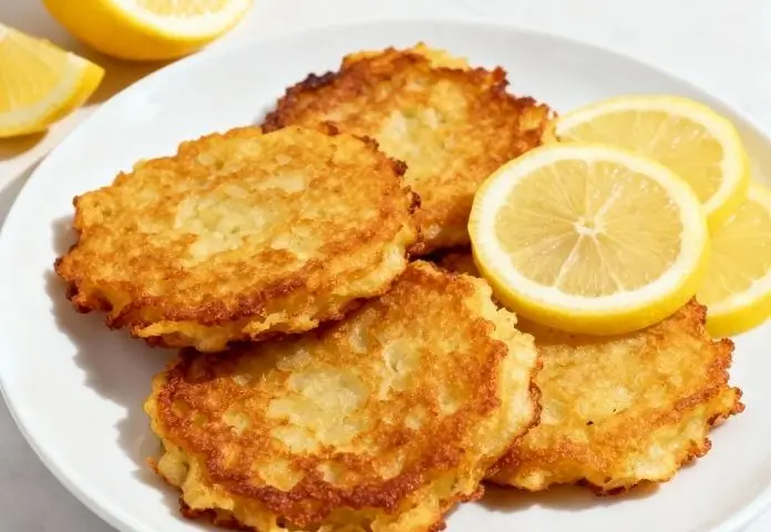 Golden crispy potato pancakes stacked with fresh parsley garnish, sour cream, and applesauce on a rustic plate