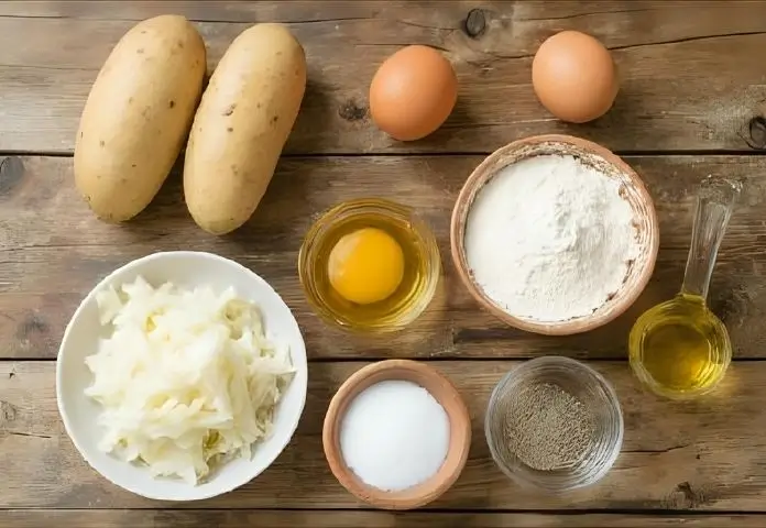 Essential ingredients for crispy potato pancakes including russet potatoes, grated onion, eggs, flour, salt, pepper, and oil on rustic wooden table