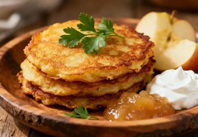 Stack of golden classic savory crispy potato pancakes garnished with fresh parsley and sour cream on wooden surface