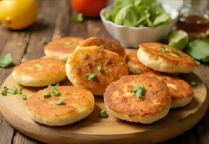 Assortment of innovative crispy potato pancakes featuring vegan and gluten-free options, garnished with fresh herbs and colorful toppings on wooden platter