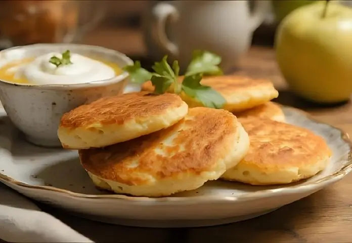 Golden crispy potato pancakes garnished with parsley, sour cream, and applesauce on a rustic plate in a cozy kitchen setting