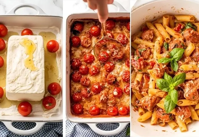 Step-by-step images of baked feta tomato pasta preparation from raw ingredients to finished dish