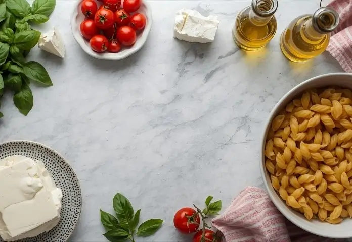 Ingredients and handwritten recipe cards showcasing tips and variations for baked feta tomato pasta
