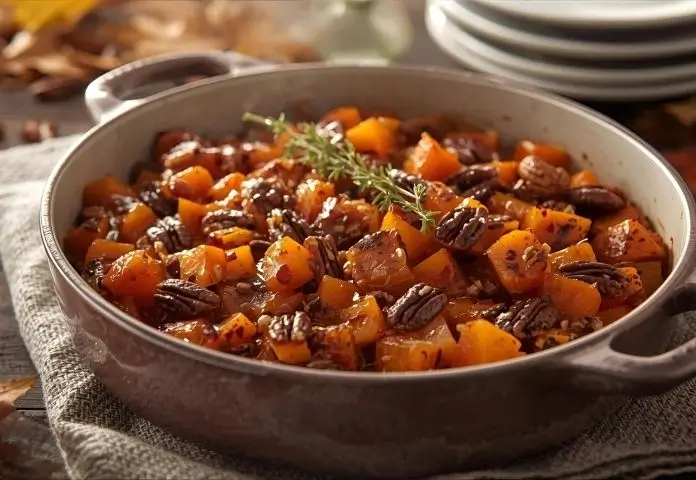 A casserole dish filled with golden candied yams topped with toasted pecans and fresh thyme, set on a rustic wooden table with autumn decorations.