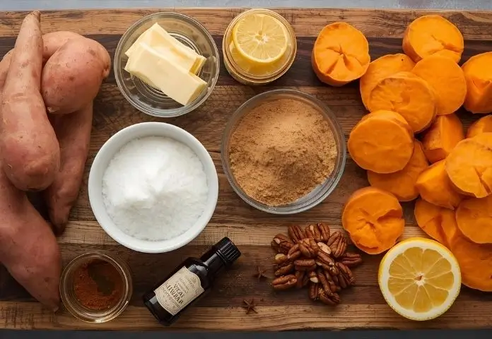 Overhead view of fresh candied yams ingredients including sliced sweet potatoes, brown sugar, butter, cinnamon, nutmeg, cloves, citrus slices, vanilla, and pecans on a wooden board.