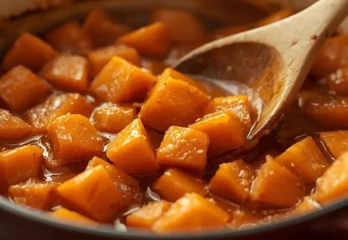 Close-up of Southern candied yams cooking in a rustic casserole dish, coated in rich syrup and gently stirred with a wooden spoon.