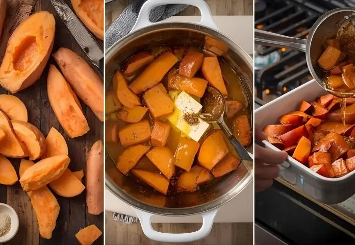 Collage of the Southern candied yams cooking process including sweet potato preparation, spiced glaze, glazing the yams, and oven baking.