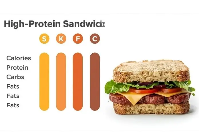 Infographic displaying calories and macronutrients for a high protein sandwich with colorful bars for protein, carbs, and fat