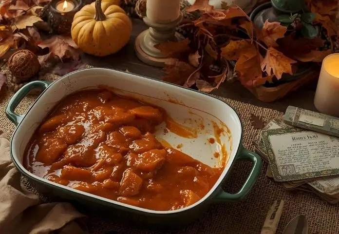 Traditional Southern holiday table with candied yams in a casserole dish, surrounded by autumn decor and vintage recipe cards.