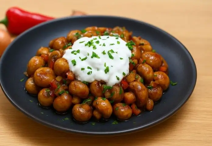 A close-up of a skillet filled with golden-brown sautéed German Fried Mushrooms, garnished with bright green parsley, accompanied by a bowl of creamy garlic dipping sauce.