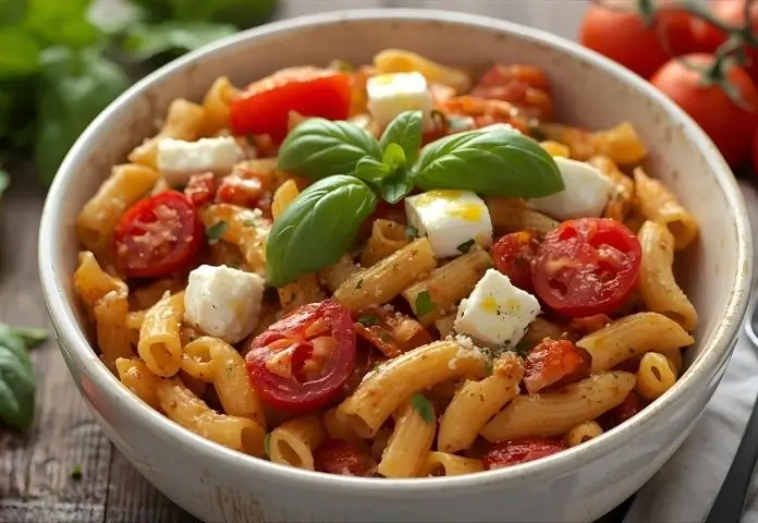 Bowl of baked feta tomato pasta topped with fresh basil and cherry tomatoes
