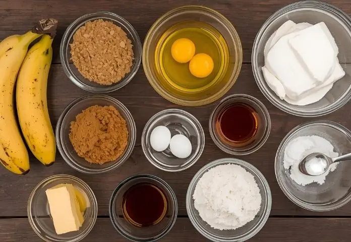 Essential ingredients for moist banana bread arranged on a wooden table, including ripe bananas, butter, brown sugar, eggs, sour cream, flour, and spices.