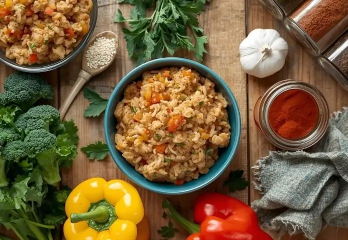 A beautifully arranged spread of healthy ground chicken dishes surrounded by fresh vegetables, herbs, and jars of spices on a rustic wooden table.