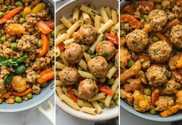 This is a colorful display of easy ground chicken dishes, including stir-fry, pasta, and meatballs, with fresh vegetables and herbs on a bright background.