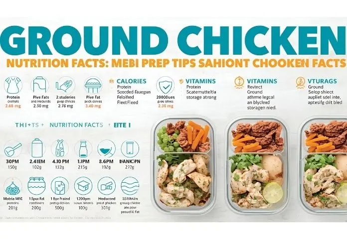 Infographic image displaying nutrition facts for ground chicken, including protein, calories, and fat, alongside meal prep containers filled with portioned ground chicken meals.