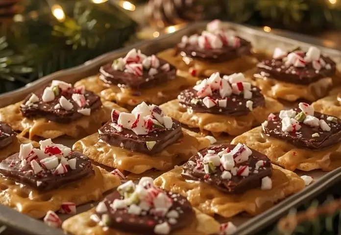 A close-up of Christmas crack candy arranged on a festive platter, with caramel-coated crackers covered in melted chocolate, topped with crushed peppermint and nuts.