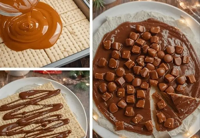 Step-by-step images showing saltine crackers on a baking sheet, caramel being poured, chocolate melting, and Christmas crack candy broken into pieces.