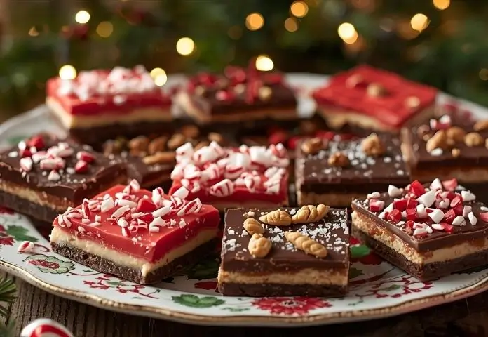 A festive platter displaying ten different variations of Christmas Crack Recipe candy, featuring toppings like peppermint, nuts, double chocolate, and sea salt flakes.
