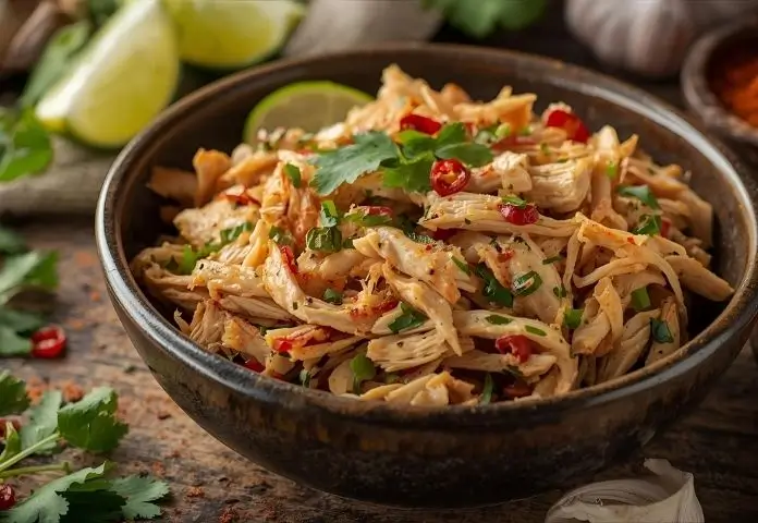 A bowl of freshly shredded chicken recipes seasoned with herbs, lime wedges, and chili flakes, showcasing a juicy, flavorful meal.