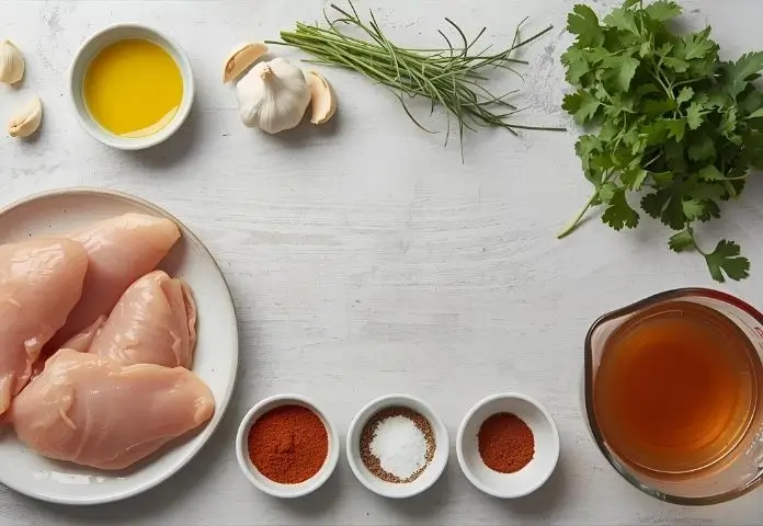 Fresh ingredients for shredded chicken recipes, including chicken breasts, olive oil, garlic, herbs, spices, and chicken broth, arranged on a wooden surface.