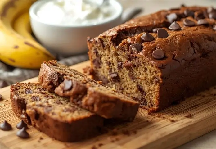 Sliced moist chocolate chip banana bread loaf on wooden board with ripe bananas and Greek yogurt in the background.