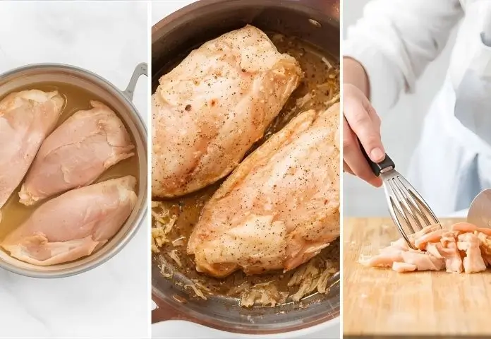 Step-by-step preparation of shredded chicken: seasoning, cooking, resting, and shredding shown in separate stages.