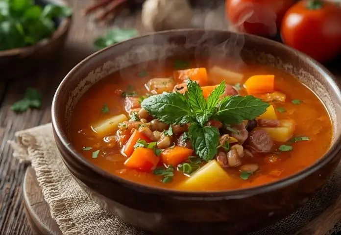 Delicious, colorful MS soup garnished with herbs and vegetables, served in a rustic bowl.