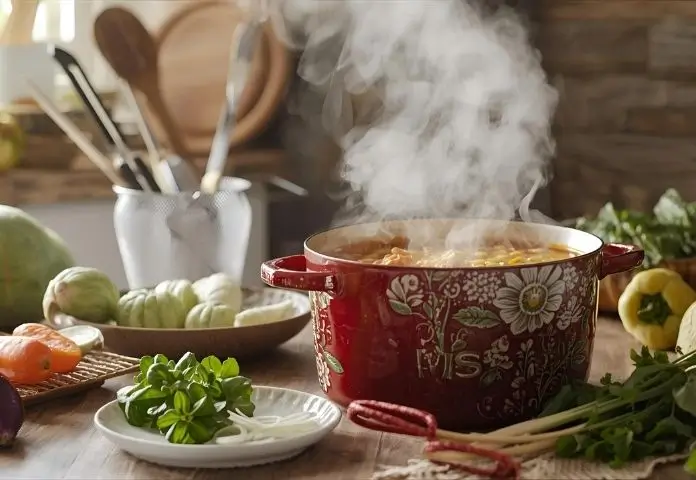Rustic kitchen setup with a steaming pot of classic MS soup and fresh vegetables, symbolizing core soup recipes.