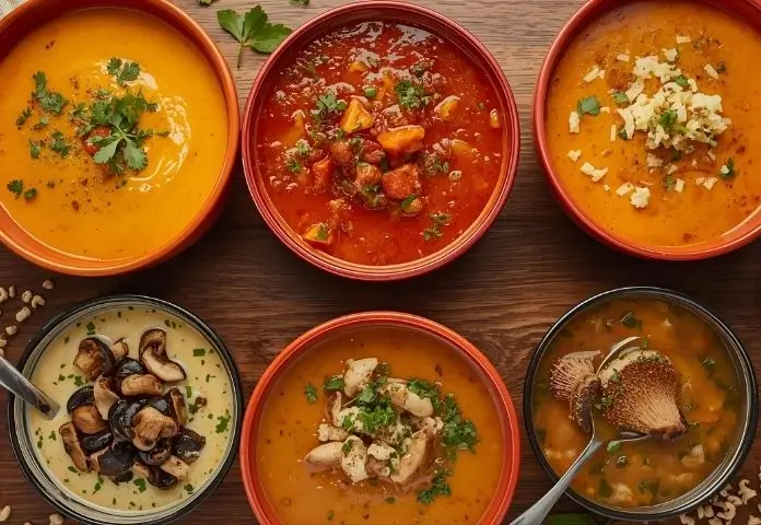 Assortment of vibrant bowls with diverse MS soup flavors including creamy pumpkin, spicy tomato, and earthy mushroom soups.