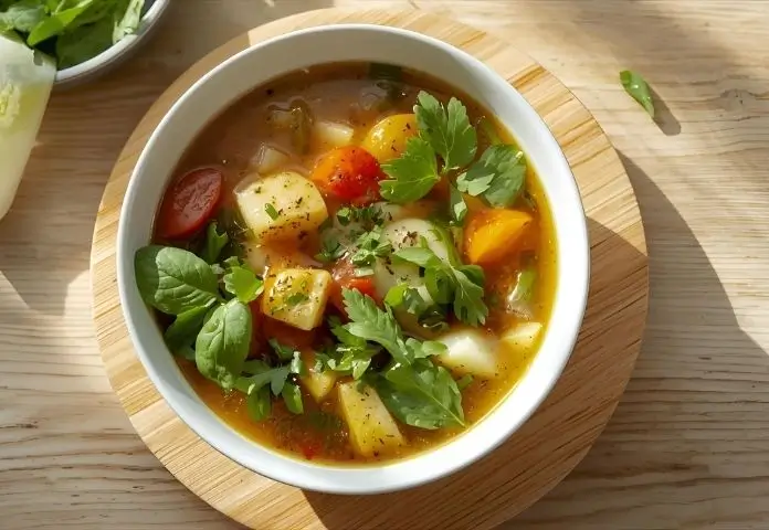 Colorful bowl of healthy MS soup with vegetables, herbs, and greens, highlighting nutrition and freshness.