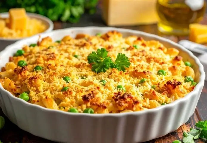 A rustic baked tuna casserole in a ceramic dish with golden crispy topping, garnished with fresh herbs, against a cozy kitchen background.