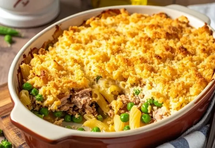 Classic tuna noodle casserole with golden melted cheese and crispy breadcrumb topping in a rustic ceramic dish, surrounded by cooked egg noodles and peas.