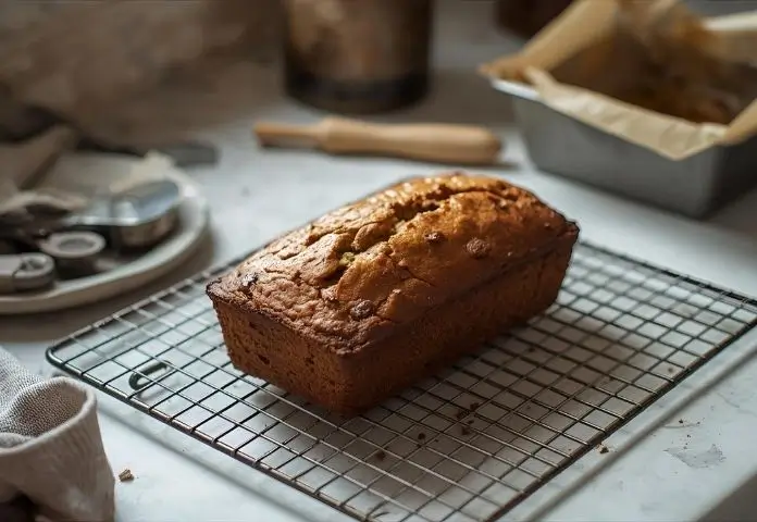 Freshly baked banana bread loaf cooling on wire rack with baking tools around, natural warm kitchen lighting.