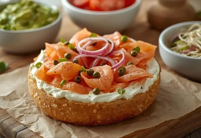 Fresh homemade bagel topped with cream cheese, smoked salmon, capers, and red onions with bowls of avocado spread, tomato slices, and sprouts nearby.