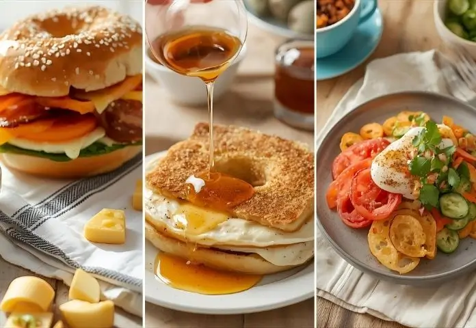 Assorted bagel recipe breakfast dishes including a cheesy egg and bacon bagel sandwich, sweet bagel French toast, and a vibrant breakfast bowl with fresh toppings.