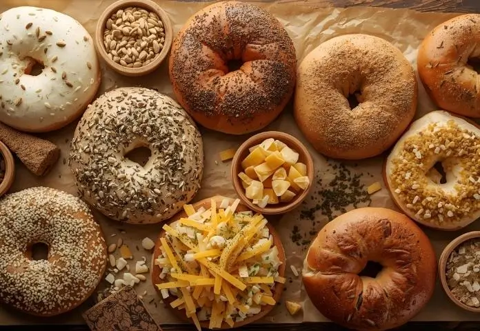 Variety of homemade bagels like plain, everything, cinnamon raisin, and cheddar jalapeño arranged on a wooden surface with bowls of herbs and spices nearby.