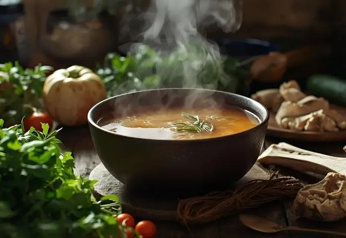 A bowl of homemade, rich golden bone broth with fresh carrots, celery, herbs, and marrow bones on a wooden table