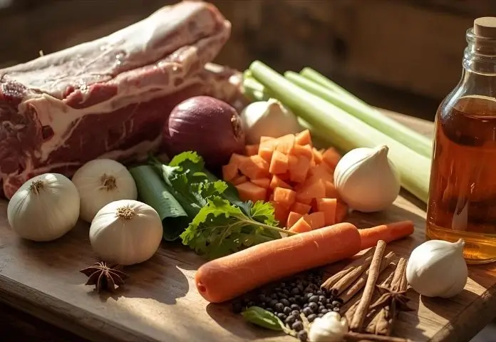 Close-up of fresh ingredients for homemade bone broth recipe laid out on a wooden surface including beef bones, carrots, onions, celery, garlic, herbs, and spices.