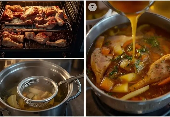 Three images showing bone broth preparation: roasted bones on a tray, simmering pot with herbs and vegetables, and strained broth in glass jars