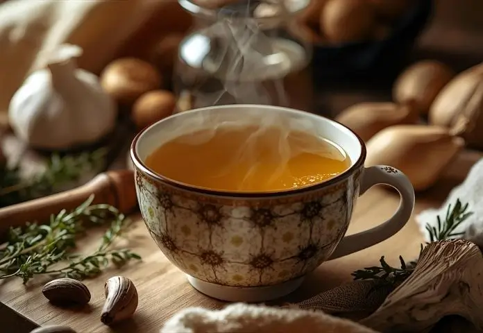 Steaming cup of homemade bone broth with fresh herbs and ingredients in the background, symbolizing health and healing