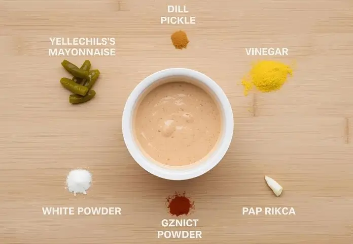 Small bowl of creamy Big Mac Sauce Recipe with fresh ingredients including mayonnaise, dill pickle relish, mustard, vinegar, and spices, on a wooden table.